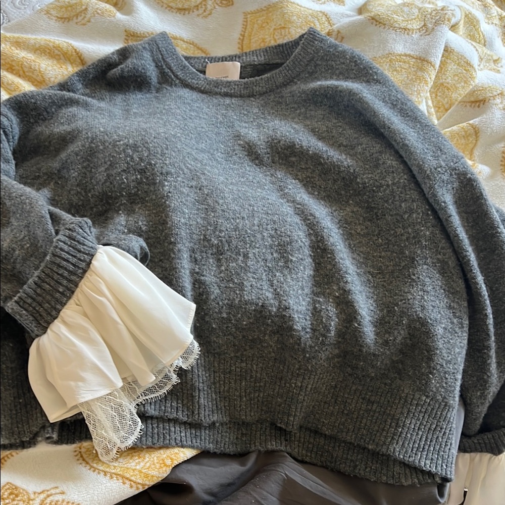 Gray Sweater with White Lace Cuffs